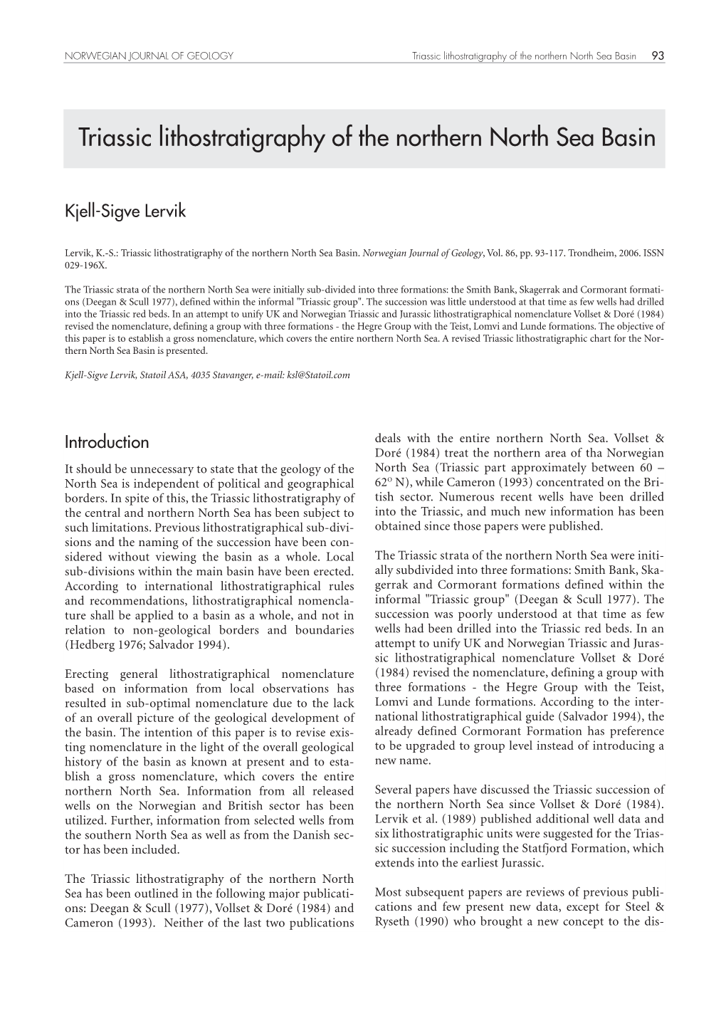 S. 2006. Triassic Lithostratigraphy of the Northern North Sea Basin