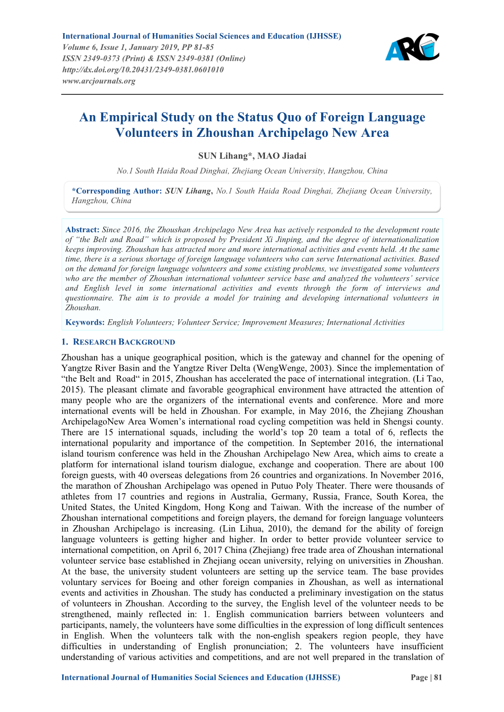 An Empirical Study on the Status Quo of Foreign Language Volunteers in Zhoushan Archipelago New Area
