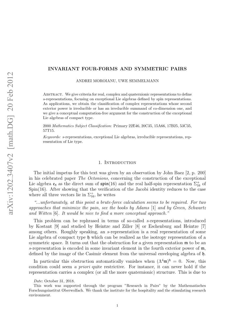 Invariant Four-Forms and Symmetric Pairs