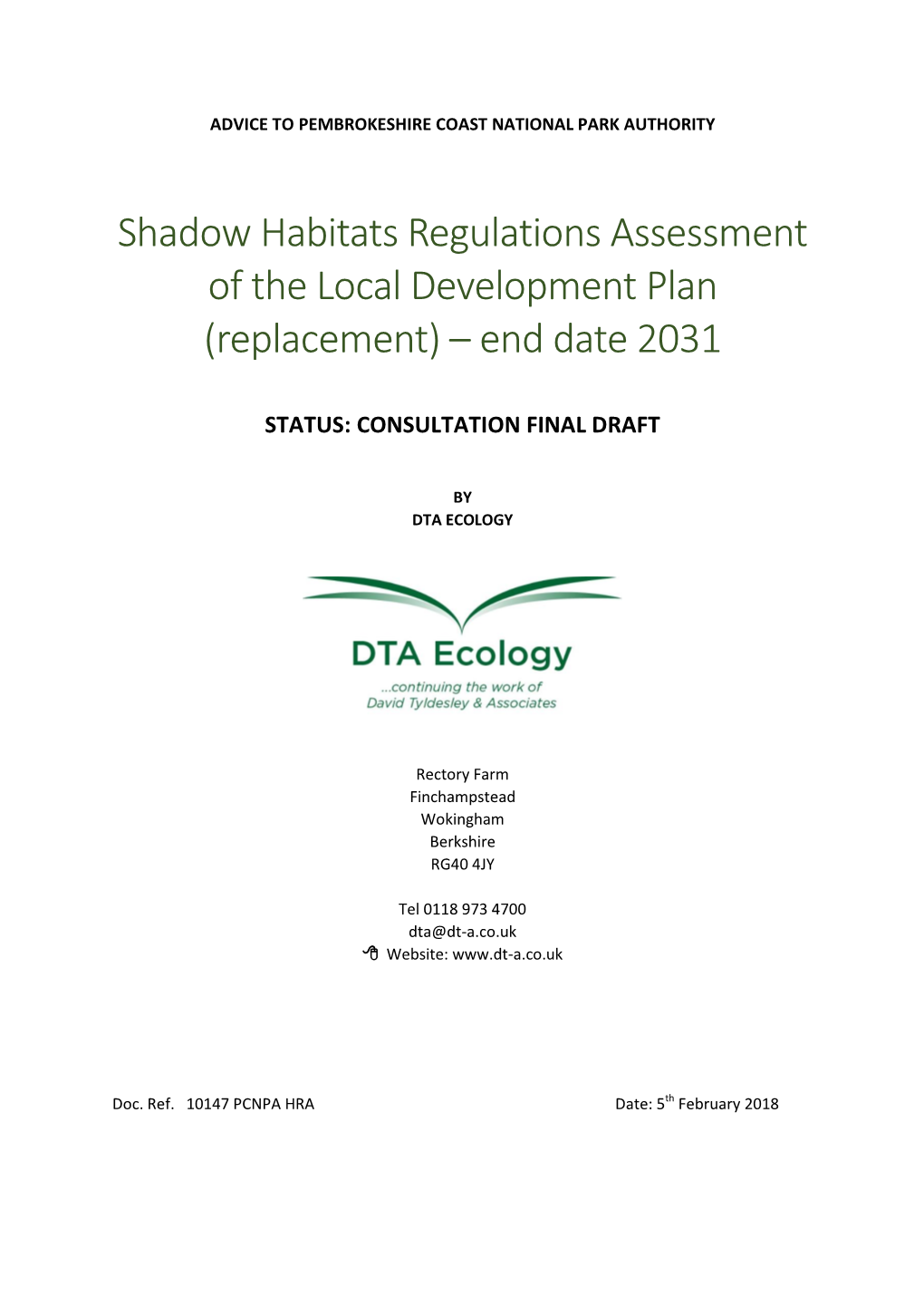 Shadow Habitats Regulations Assessment of the Local Development Plan (Replacement) – End Date 2031