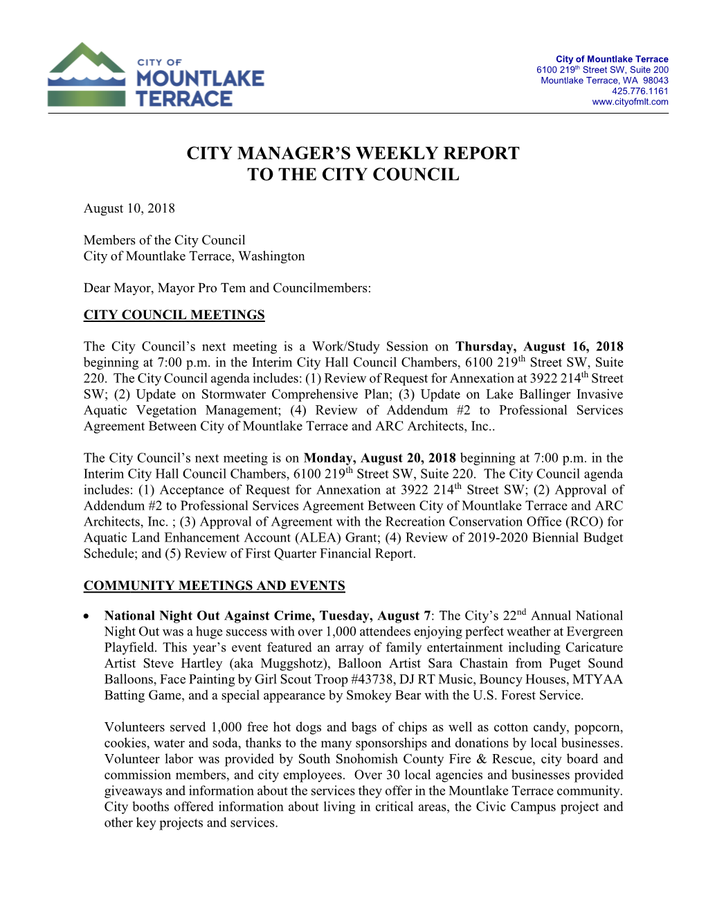 City Manager's Weekly Report to the City