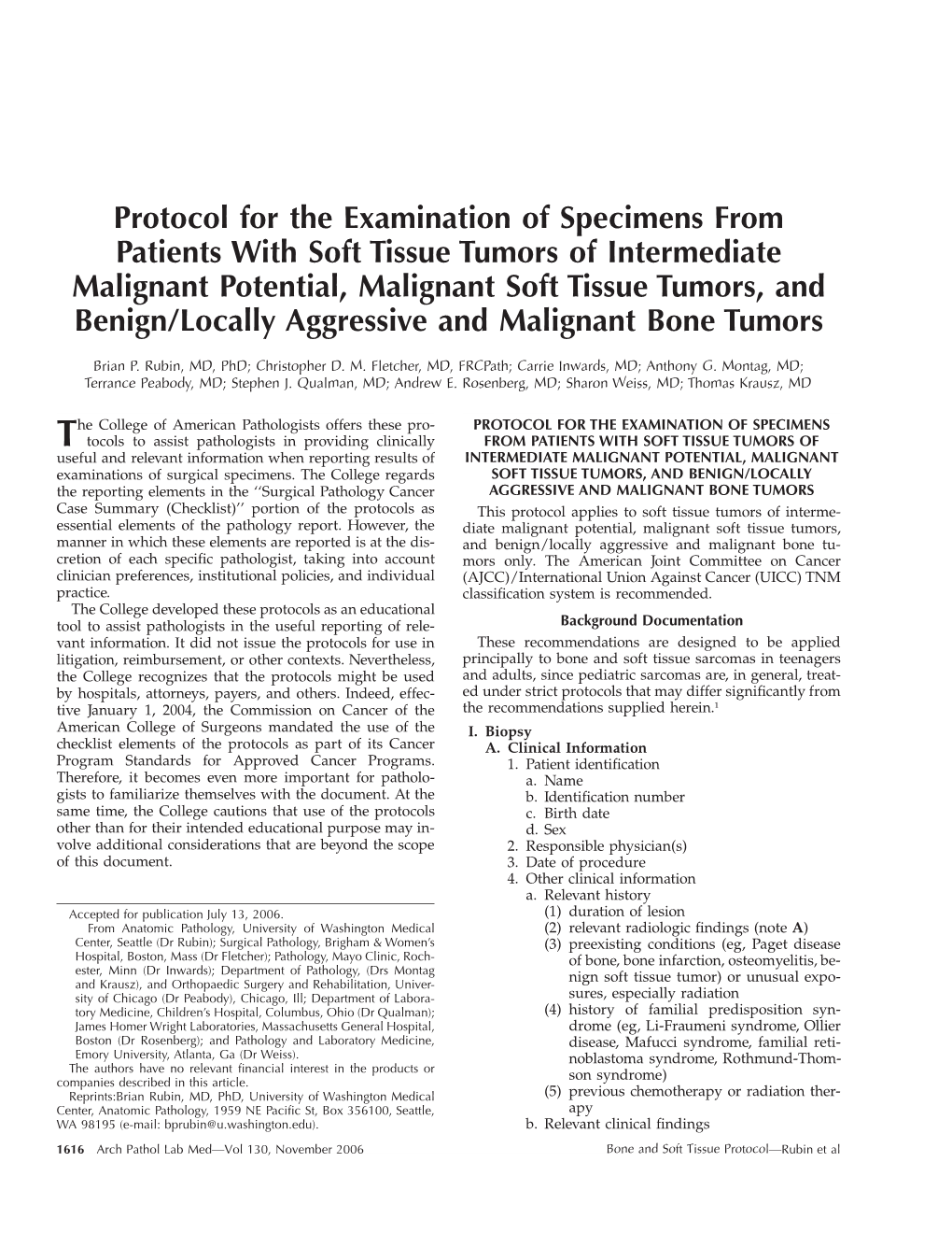 Protocol for the Examination of Specimens from Patients with Soft