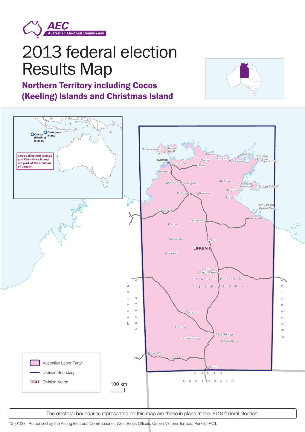 2013 Federal Election Results Map Northern Territory Including Cocos (Keeling) Islands and Christmas Island