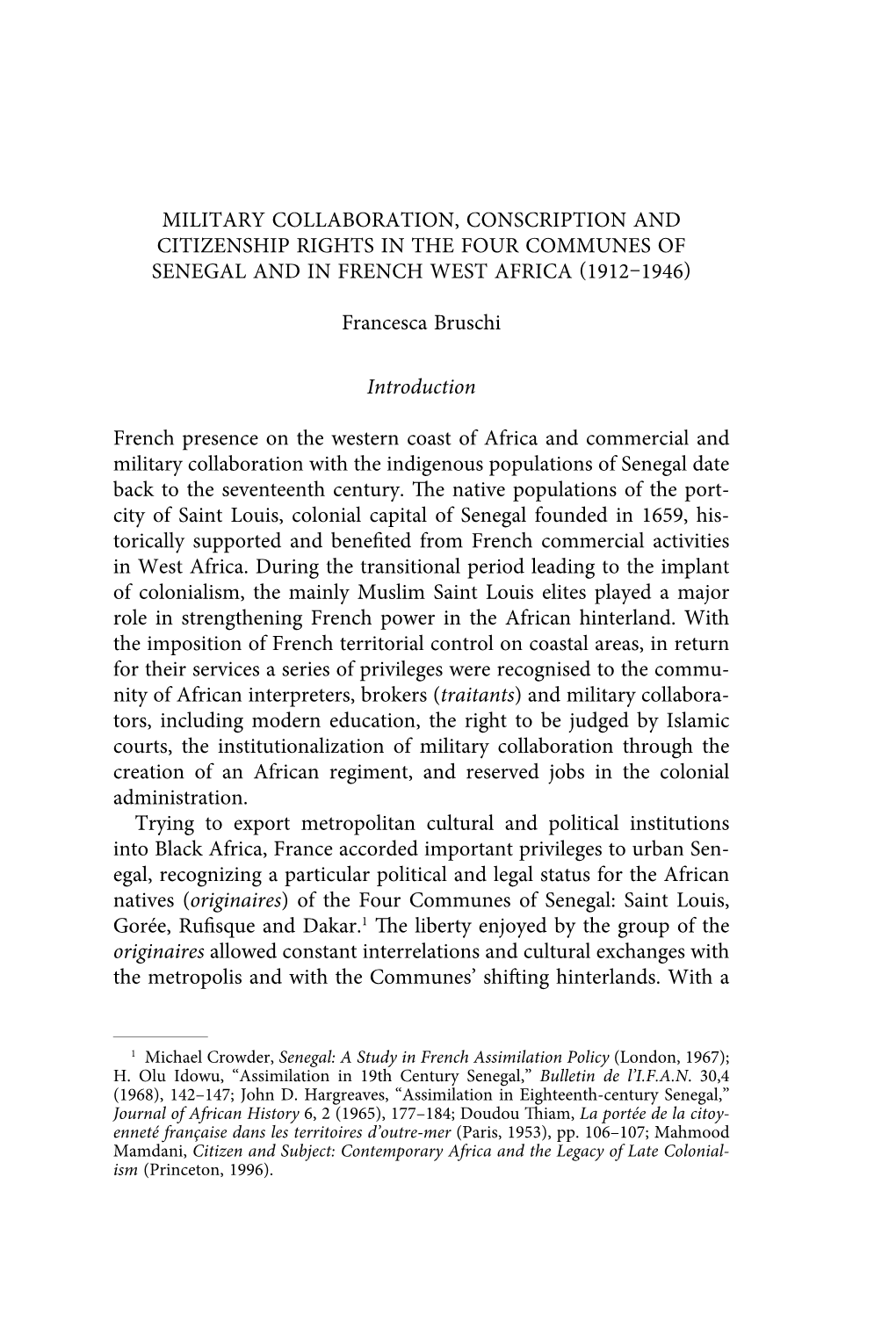 Military Collaboration, Conscription and Citizenship Rights in the Four Communes of Senegal and in French West Africa (1912–1946)