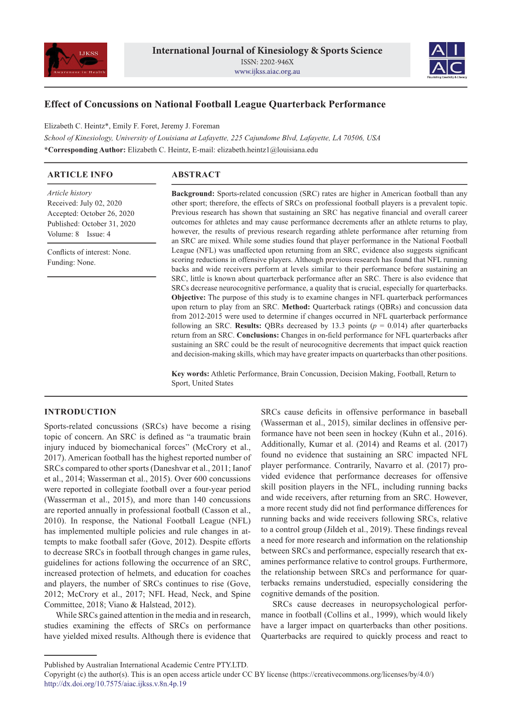 Effect of Concussions on National Football League Quarterback Performance