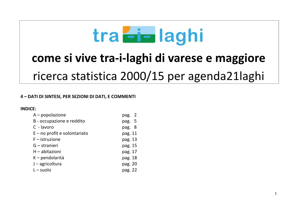 Come Si Vive Tra-I-Laghi Di Varese E Maggiore Ricerca Statistica 2000/15 Per Agenda21laghi