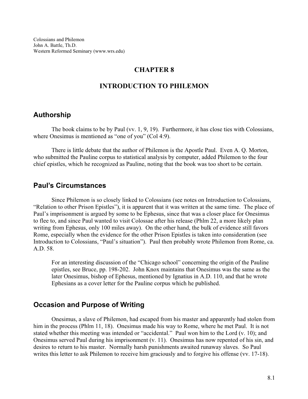 CHAPTER 8 INTRODUCTION to PHILEMON Authorship