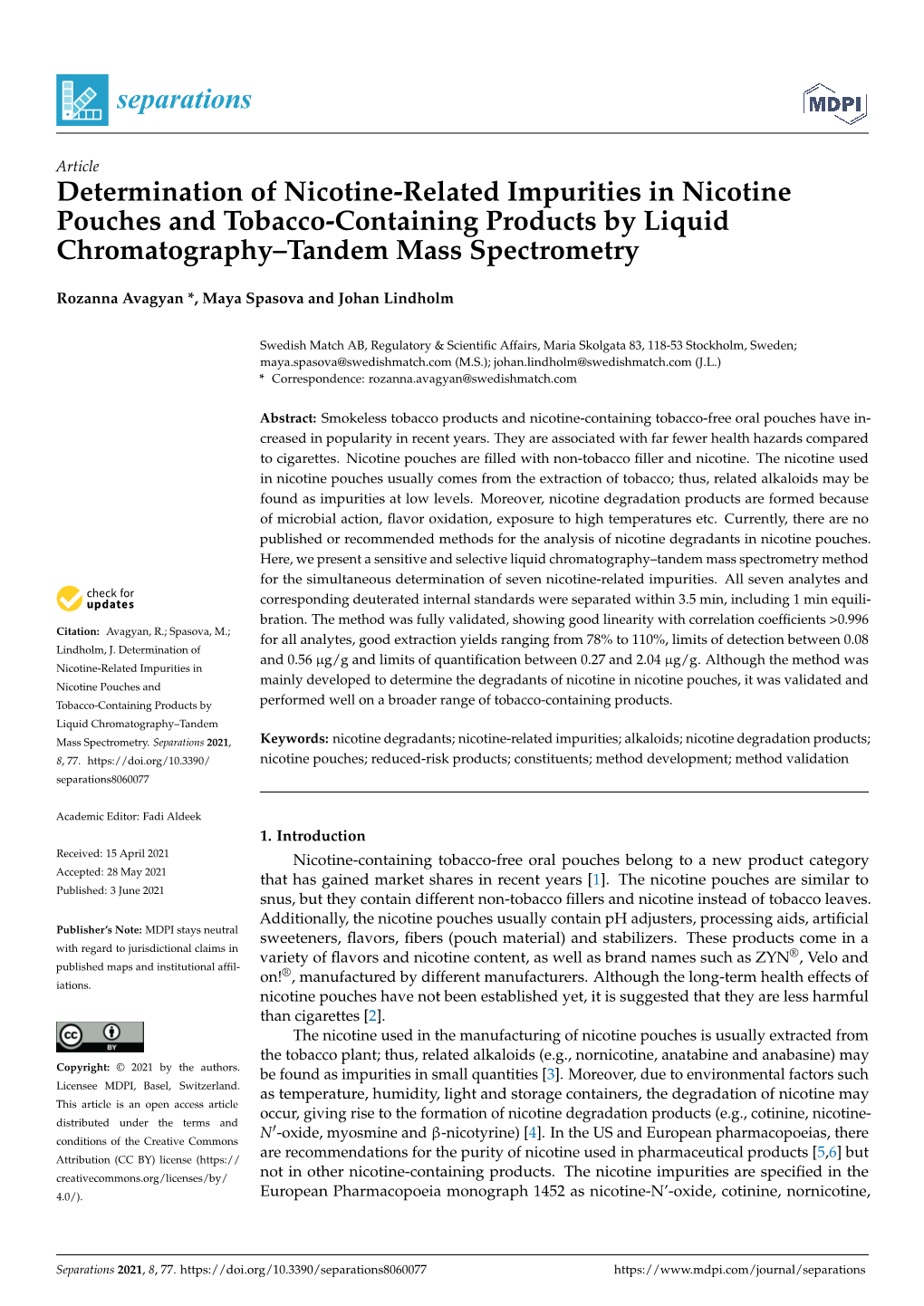 Determination of Nicotine-Related Impurities in Nicotine Pouches and Tobacco-Containing Products by Liquid Chromatography–Tandem Mass Spectrometry