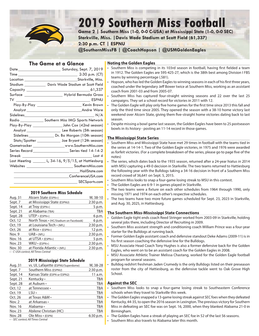 2019 Southern Miss Football Game 2 | Southern Miss (1-0, 0-0 C-USA) at Mississippi State (1-0, 0-0 SEC) Starkville, Miss
