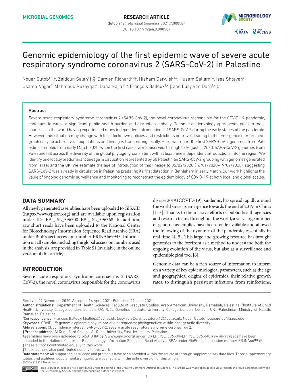 Genomic Epidemiology of the First Epidemic Wave of Severe Acute Respiratory Syndrome Coronavirus 2 (SARS-­Cov-2) in Palestine