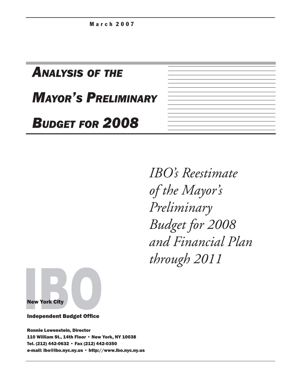 Analysis of the Mayor's Preliminary Budget for 2008 and Financial Plan