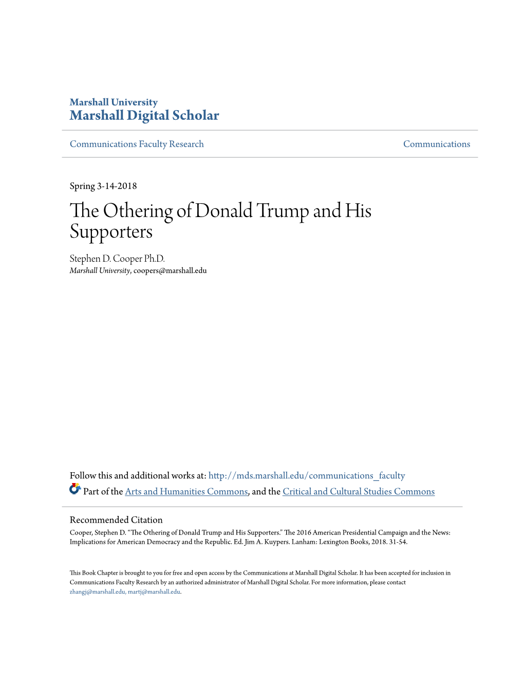 The Othering of Donald Trump and His Supporters Stephen D