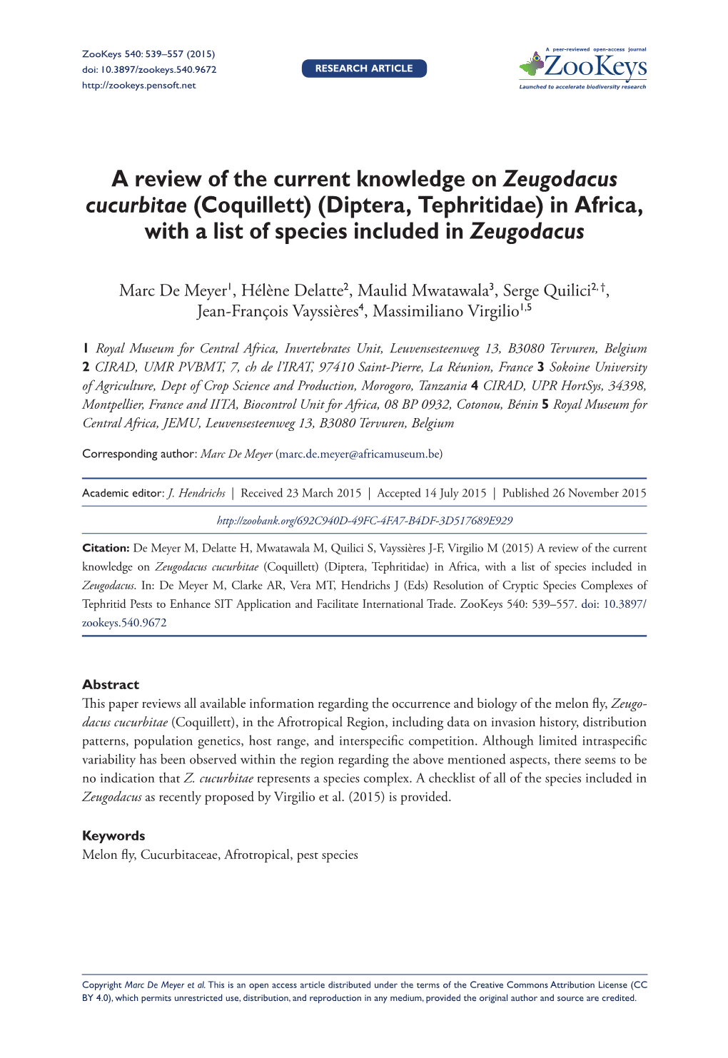 A Review of the Current Knowledge on Zeugodacus Cucurbitae (Coquillett) (Diptera, Tephritidae) in Africa, with a List of Species Included in Zeugodacus