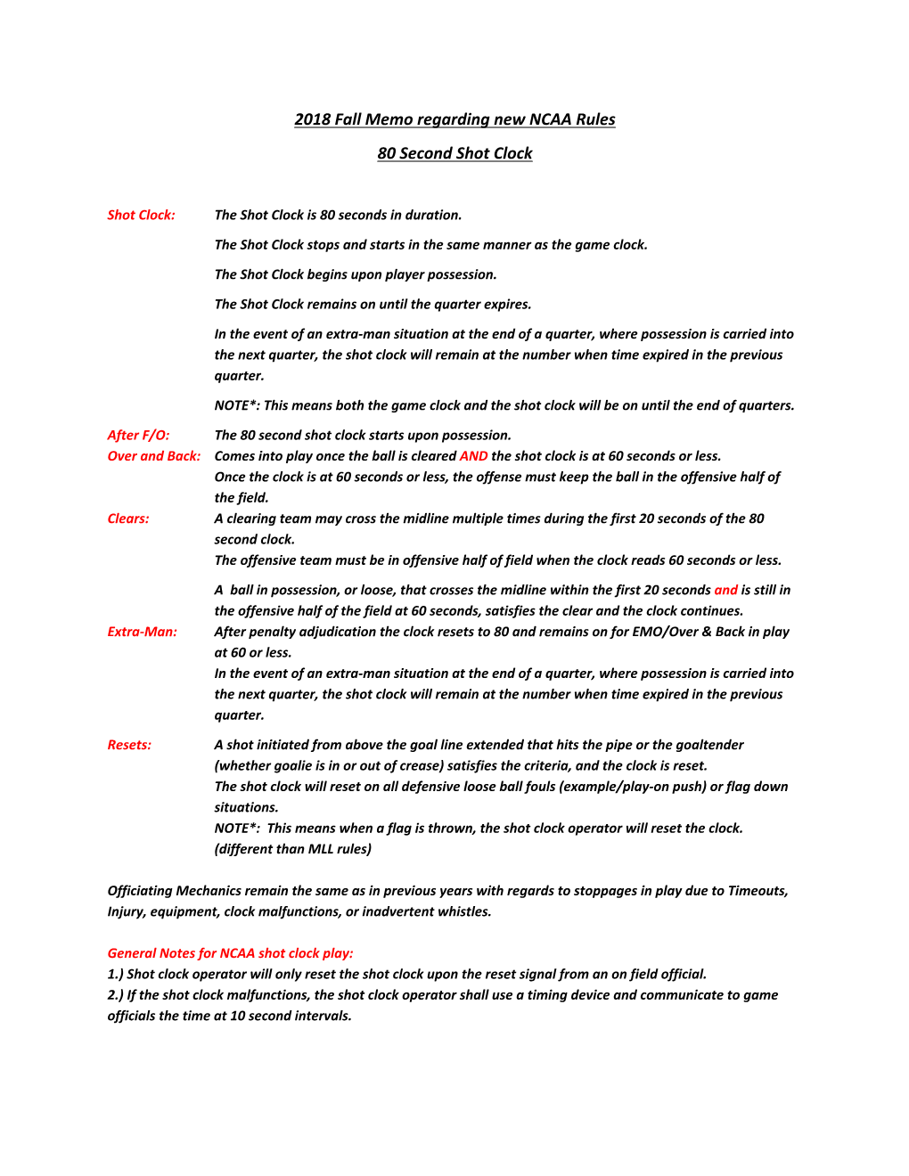 2018 Fall Memo Regarding New NCAA Rules 80 Second Shot Clock