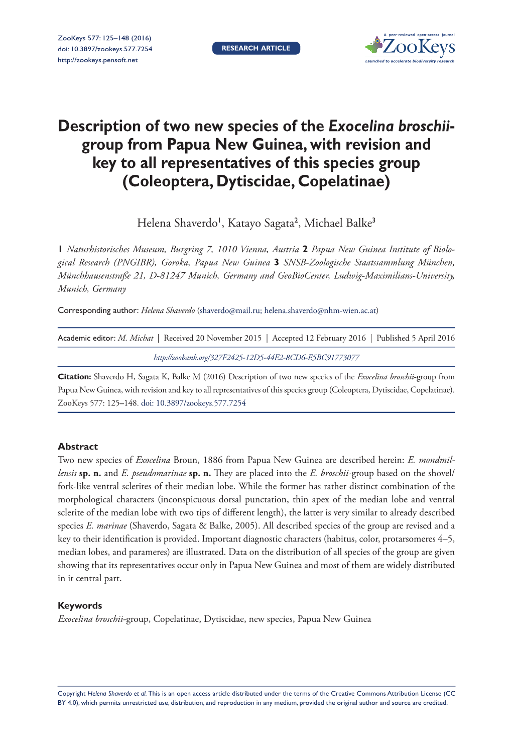 Description of Two New Species of the Exocelina Broschii-Group