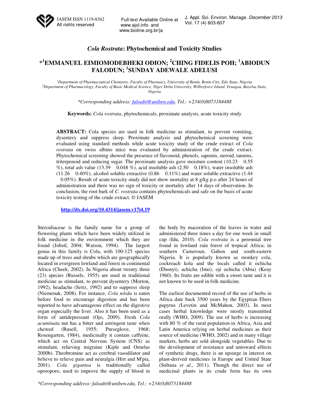 Cola Rostrata: Phytochemical and Toxicity Studies * EMMANUEL