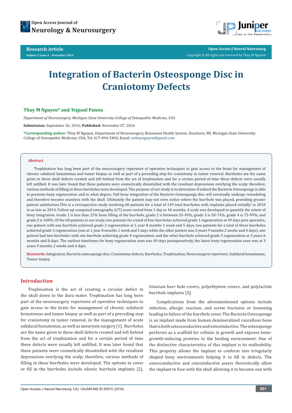 Integration of Bacterin Osteosponge Disc in Craniotomy Defects