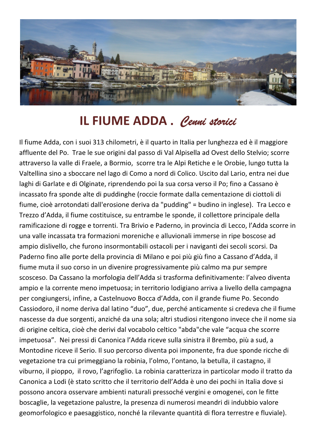 IL FIUME ADDA . Cenni Storici