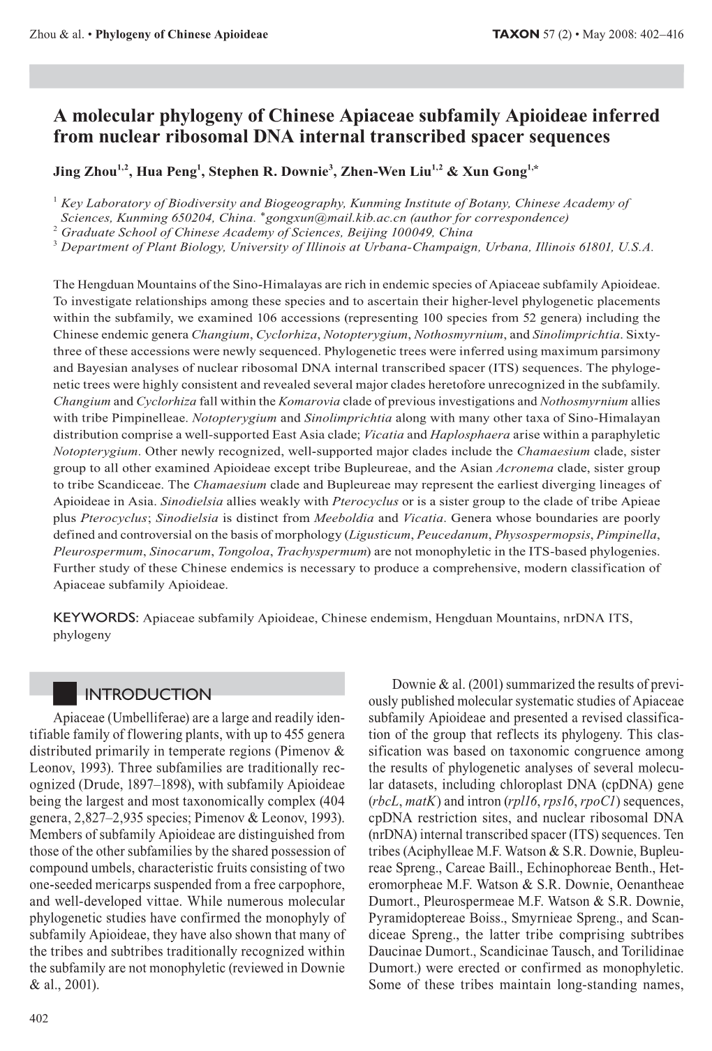 A Molecular Phylogeny of Chinese Apiaceae Subfamily Apioideae Inferred from Nuclear Ribosomal DNA Internal Transcribed Spacer Sequences