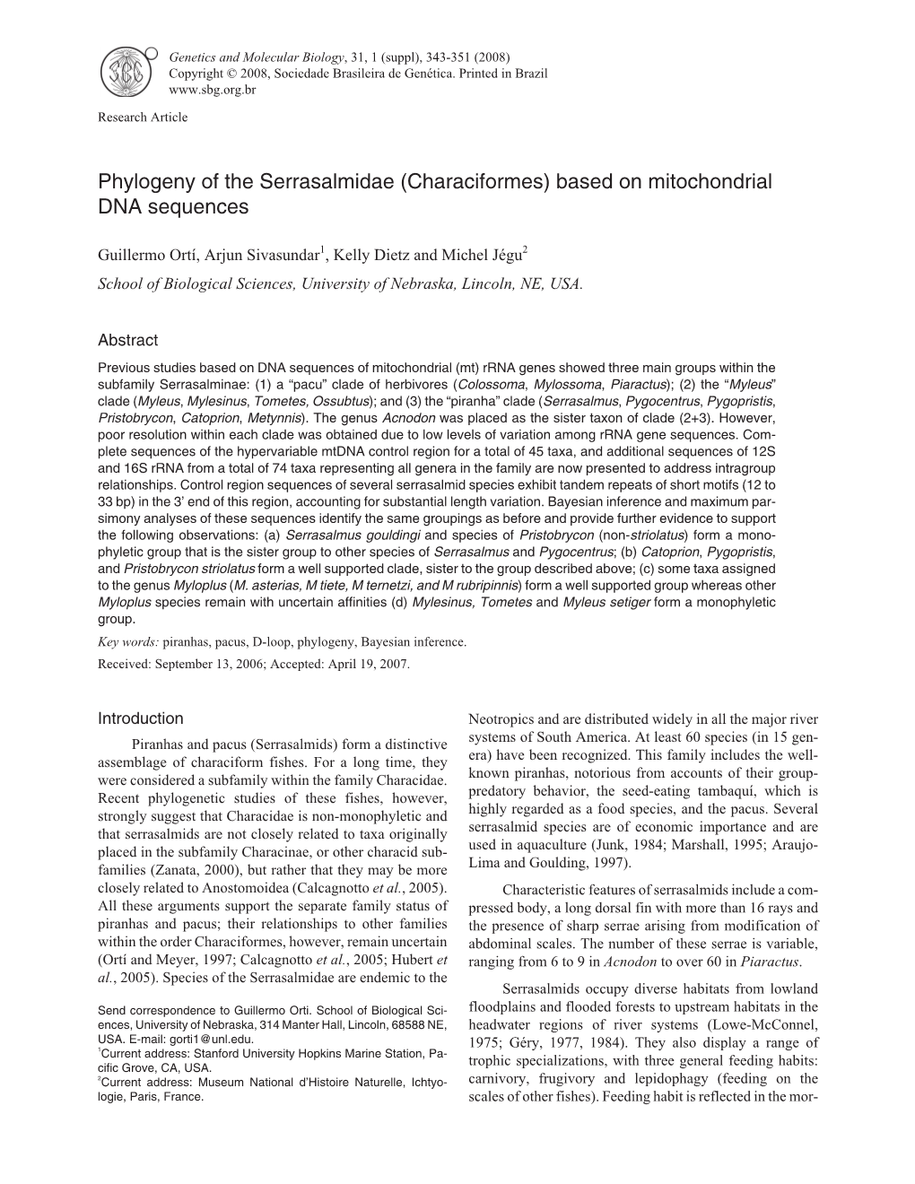 Phylogeny of the Serrasalmidae (Characiformes) Based on Mitochondrial DNA Sequences