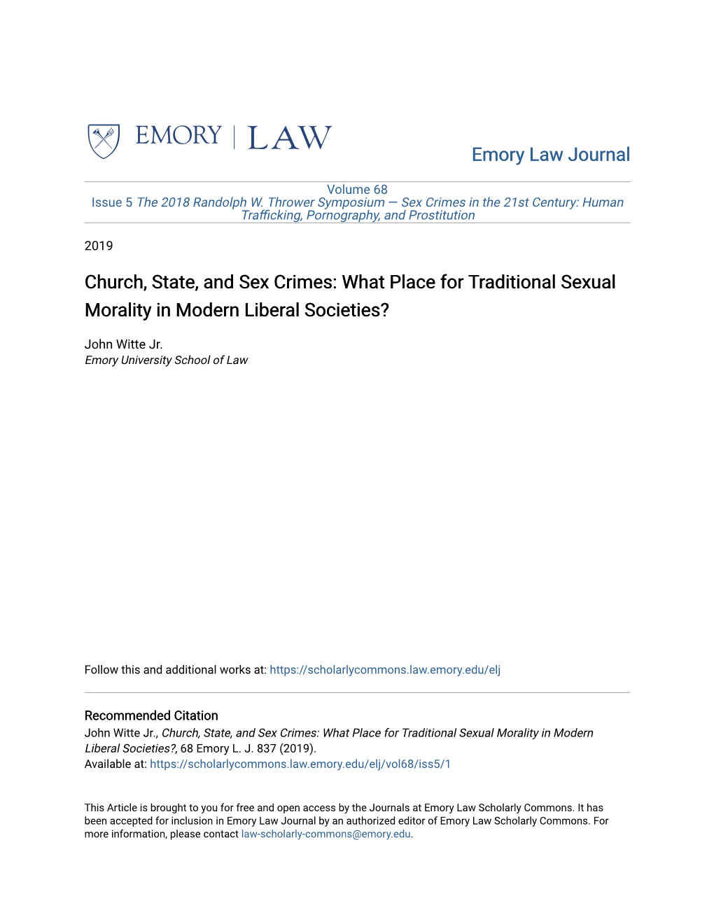 Church, State, and Sex Crimes: What Place for Traditional Sexual Morality in Modern Liberal Societies?