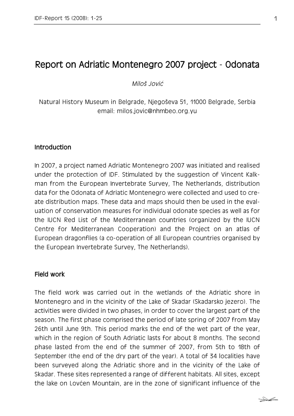 Report on Adriatic Montenegro 2007 Project - Odonata
