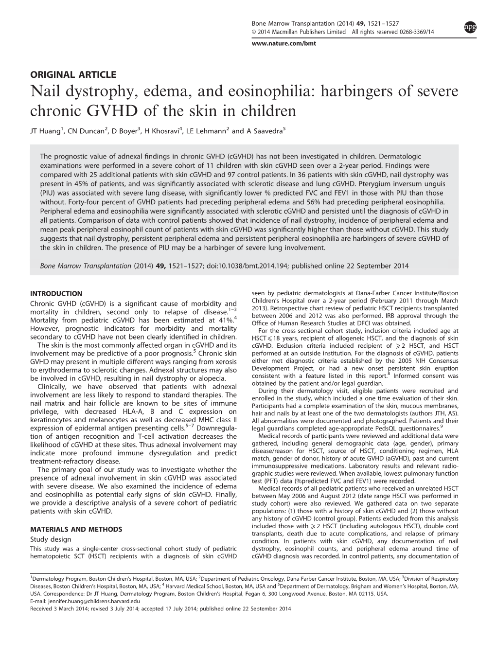 Nail Dystrophy, Edema, and Eosinophilia: Harbingers of Severe Chronic GVHD of the Skin in Children
