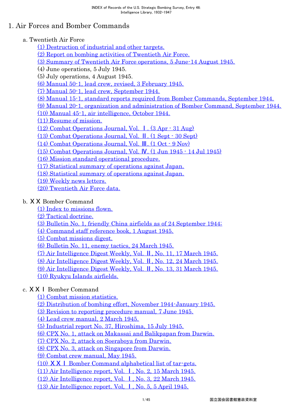 INDEX of Records of the U.S. Strategic Bombing Survey, Entry 46: Intelligence Library, 1932-1947