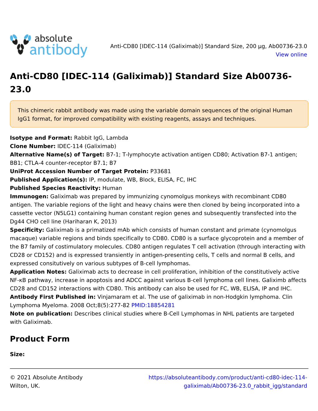 Anti-CD80 [IDEC-114 (Galiximab)] Standard Size Ab00736- 23.0