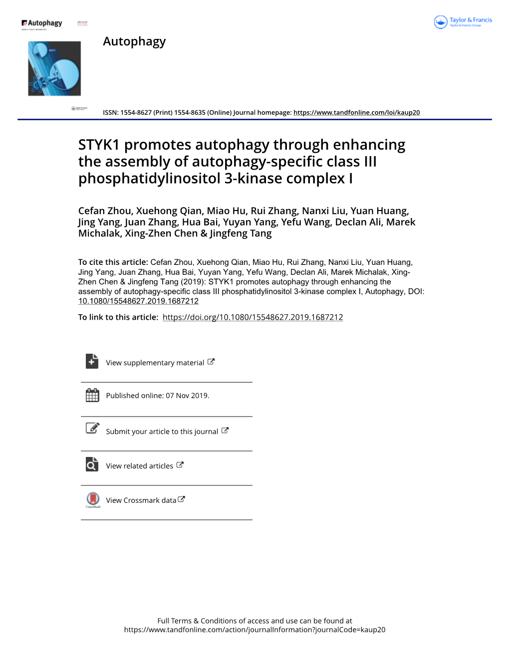 STYK1 Promotes Autophagy Through Enhancing the Assembly of Autophagy-Specific Class III Phosphatidylinositol 3-Kinase Complex I