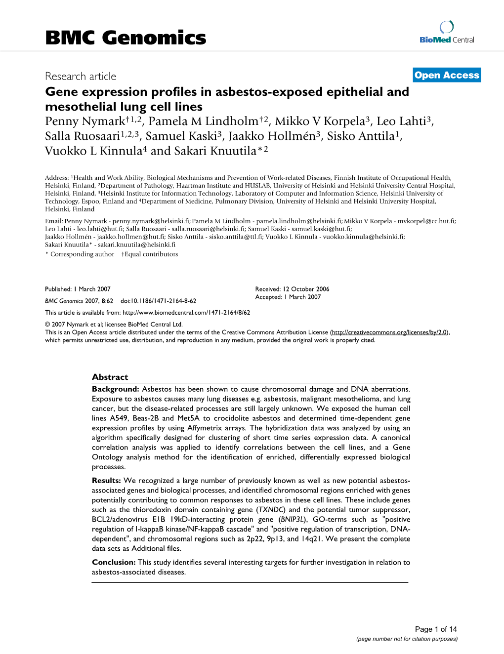 Gene Expression Profiles in Asbestos-Exposed Epithelial And