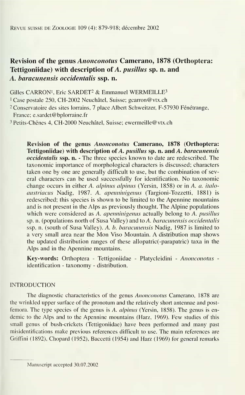Revue Suisse De Zoologie 109 (4): 879-918; Décembre 2002
