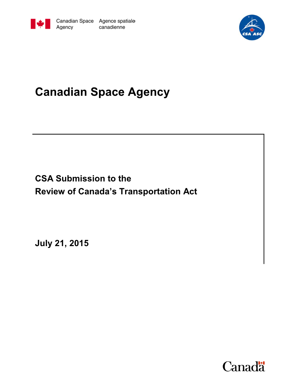 CSA Submission to the Review of Canada Transportation Act July 21, 2015