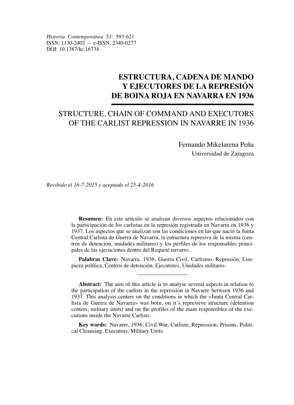 Estructura, Cadena De Mando Y Ejecutores De La Represión De Boina Roja En Navarra En 1936