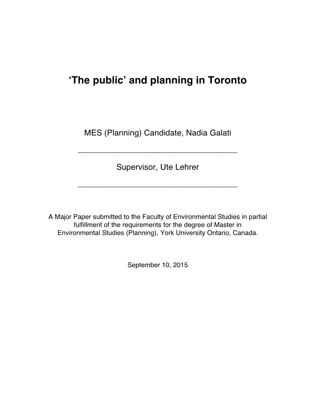 ʻthe Publicʼ and Planning in Toronto