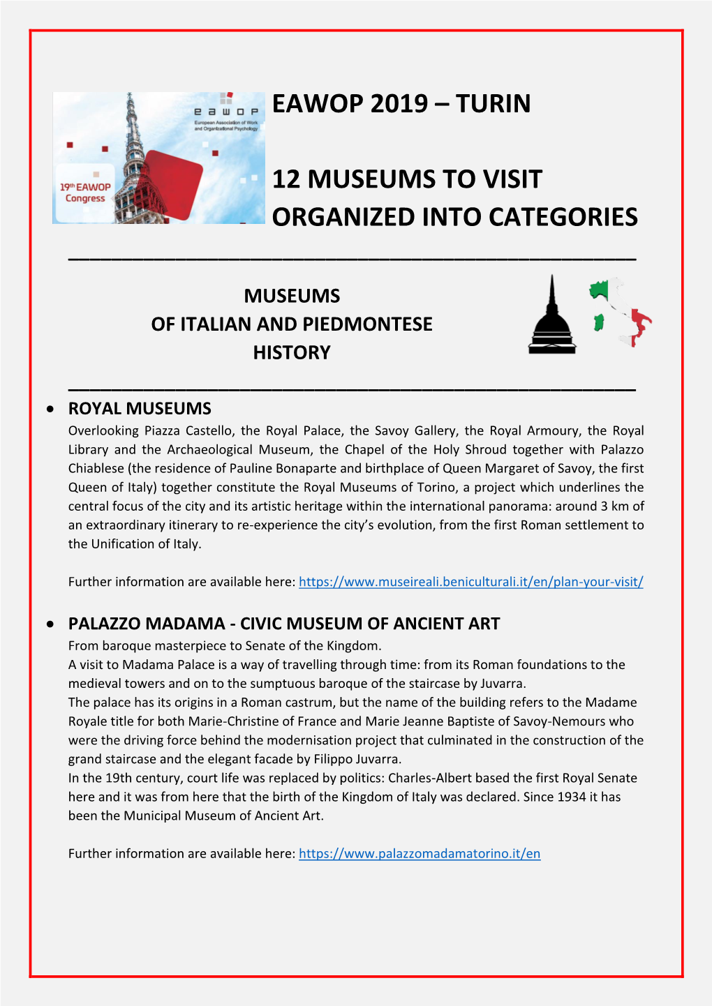 Eawop 2019 – Turin 12 Museums to Visit Organized Into