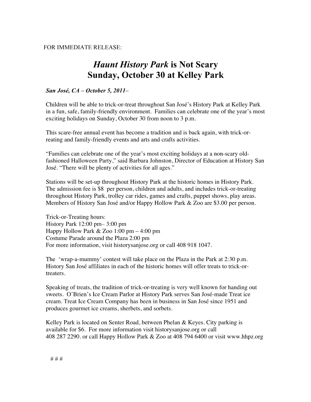 Haunt History Park Is Not Scary Sunday, October 30 at Kelley Park