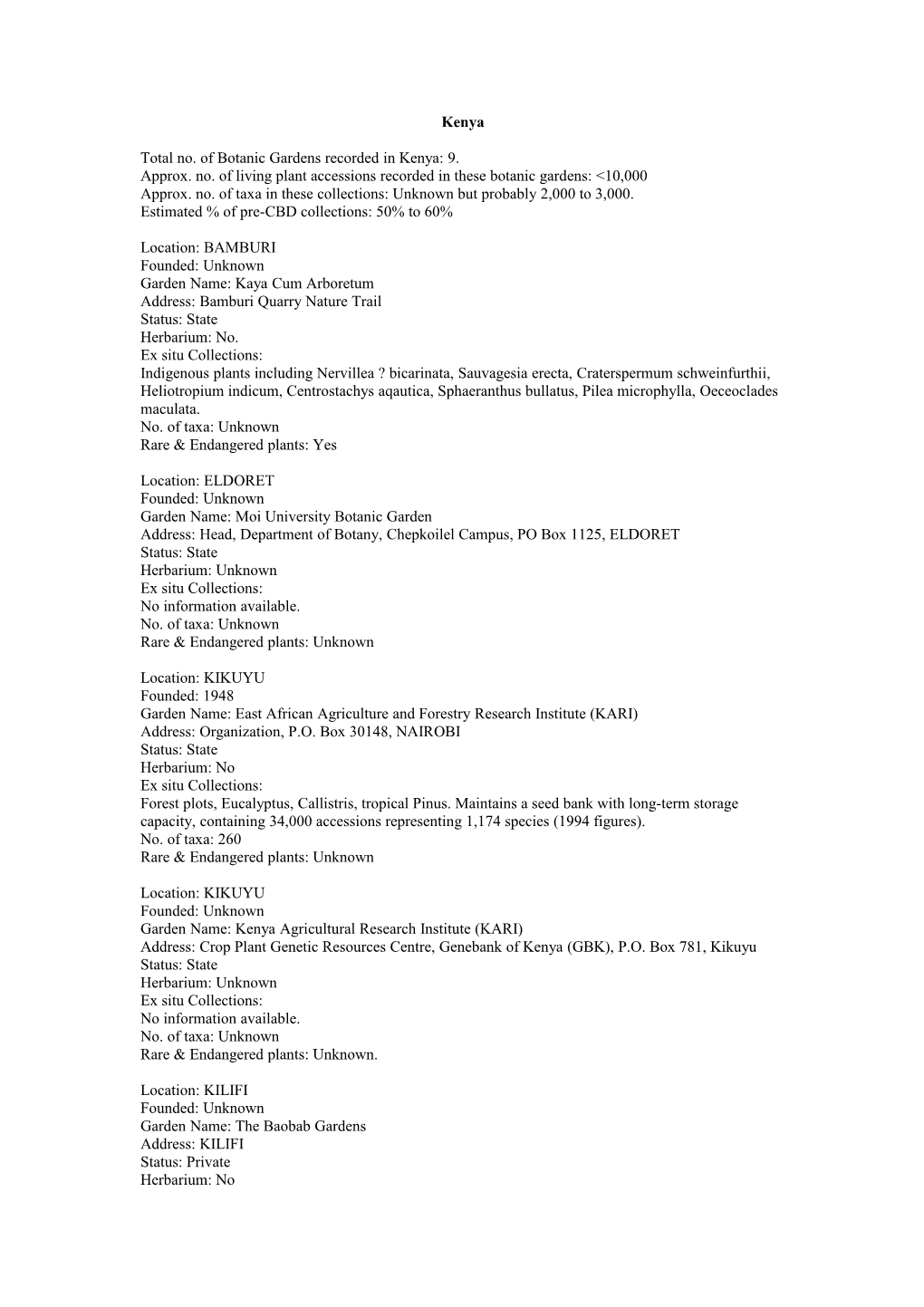 Total No. of Botanic Gardens Recorded in Kenya: 9