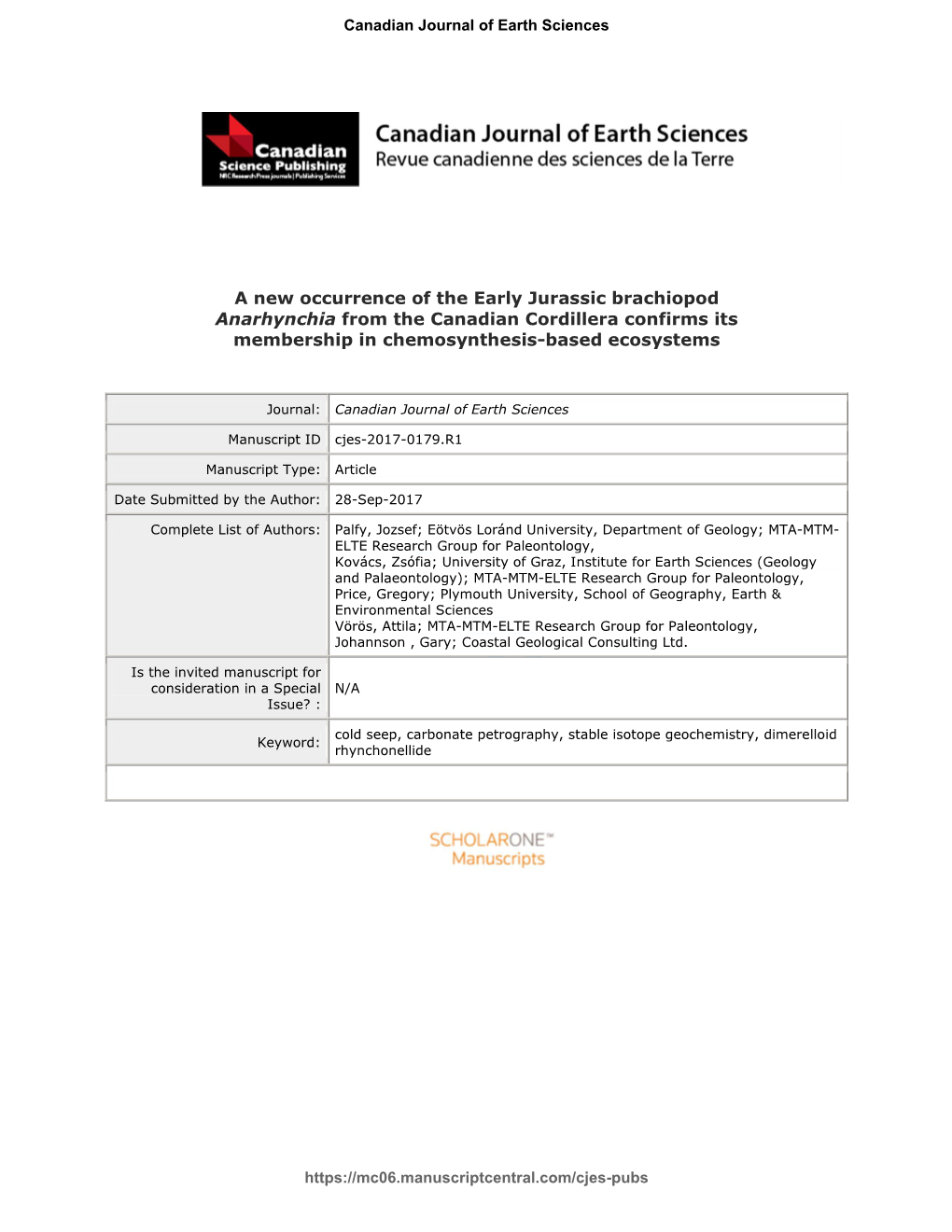 A New Occurrence of the Early Jurassic Brachiopod Anarhynchia from the Canadian Cordillera Confirms Its Membership in Chemosynthesis-Based Ecosystems