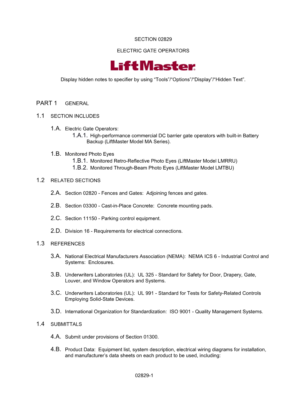 Section 02829 - Electric Gate Operators