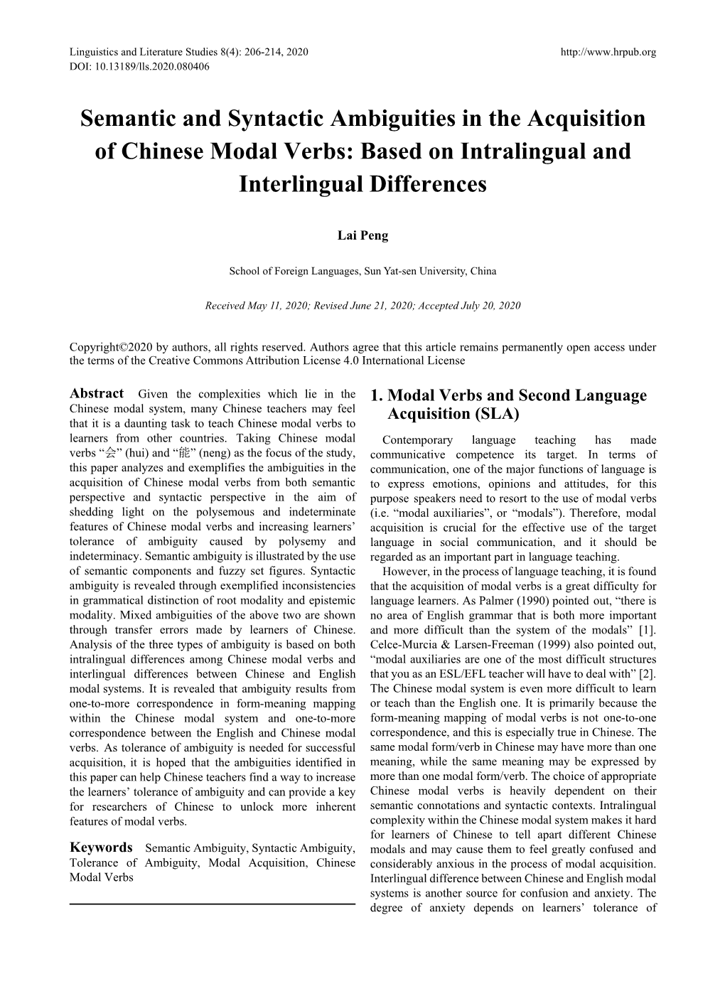 Semantic and Syntactic Ambiguities in the Acquisition of Chinese Modal Verbs: Based on Intralingual and Interlingual Differences