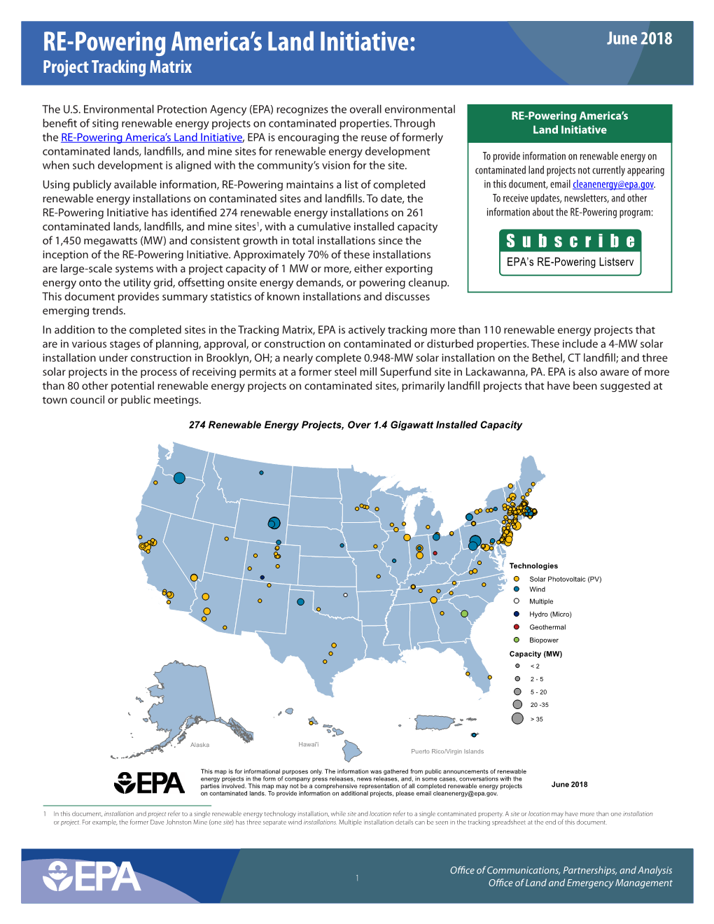 RE-Powering America's Land Initiative: Project Tracking Matrix June 2018