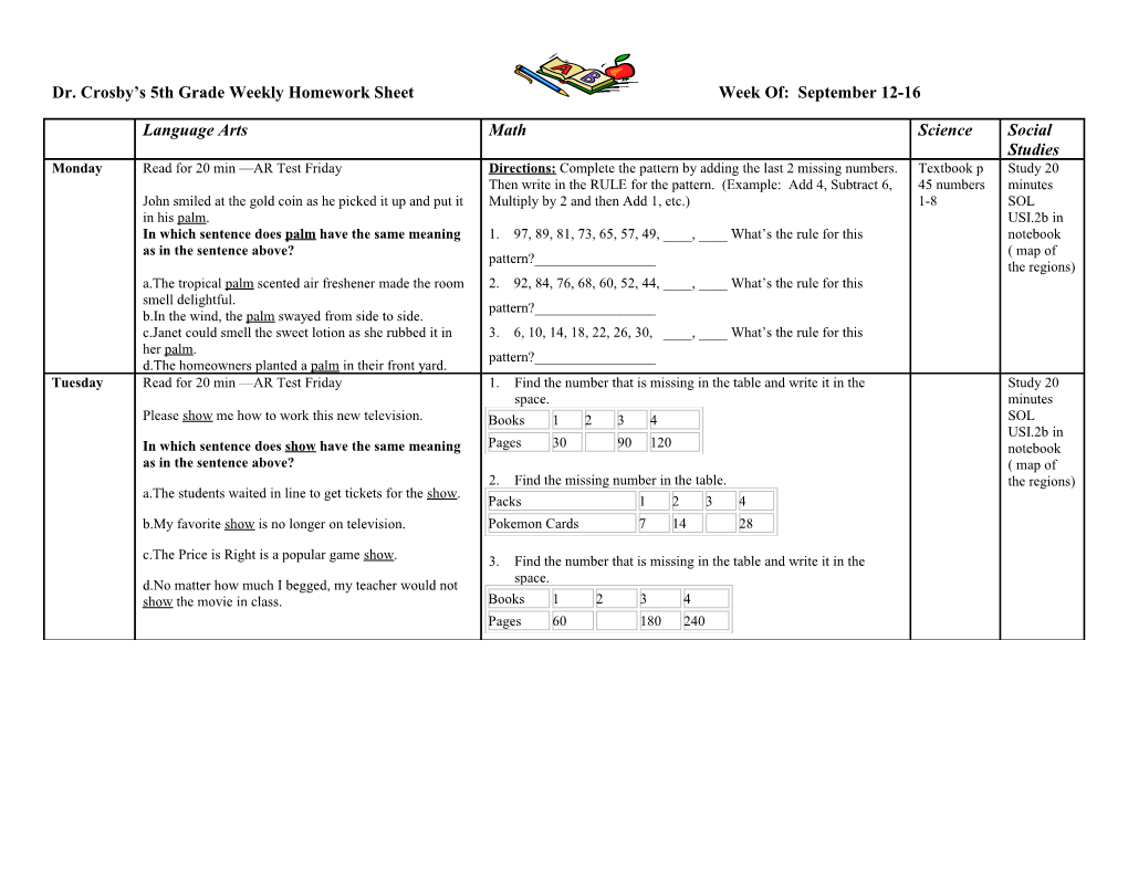 Dr. Crosby S 5Th Grade Weekly Homework Sheet Week Of: September 12-16