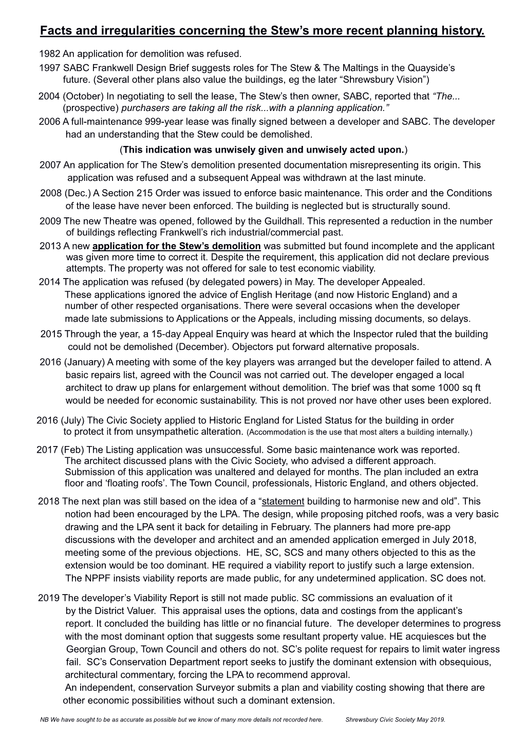 Facts and Irregularities Concerning the Stew's More Recent Planning History