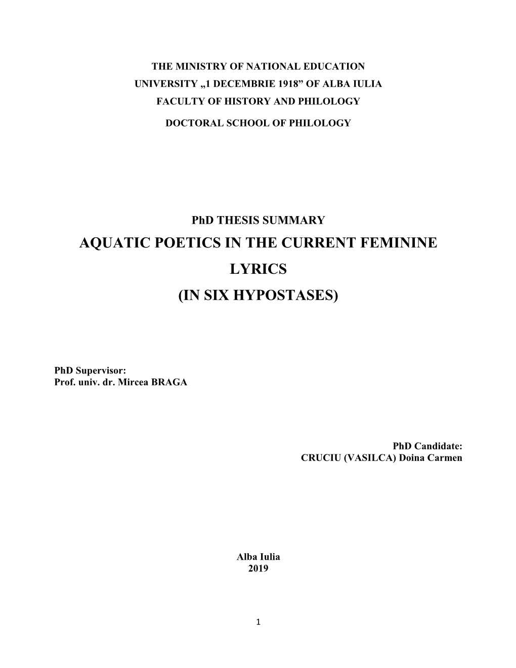 Aquatic Poetics in the Current Feminine Lyrics (In Six Hypostases)