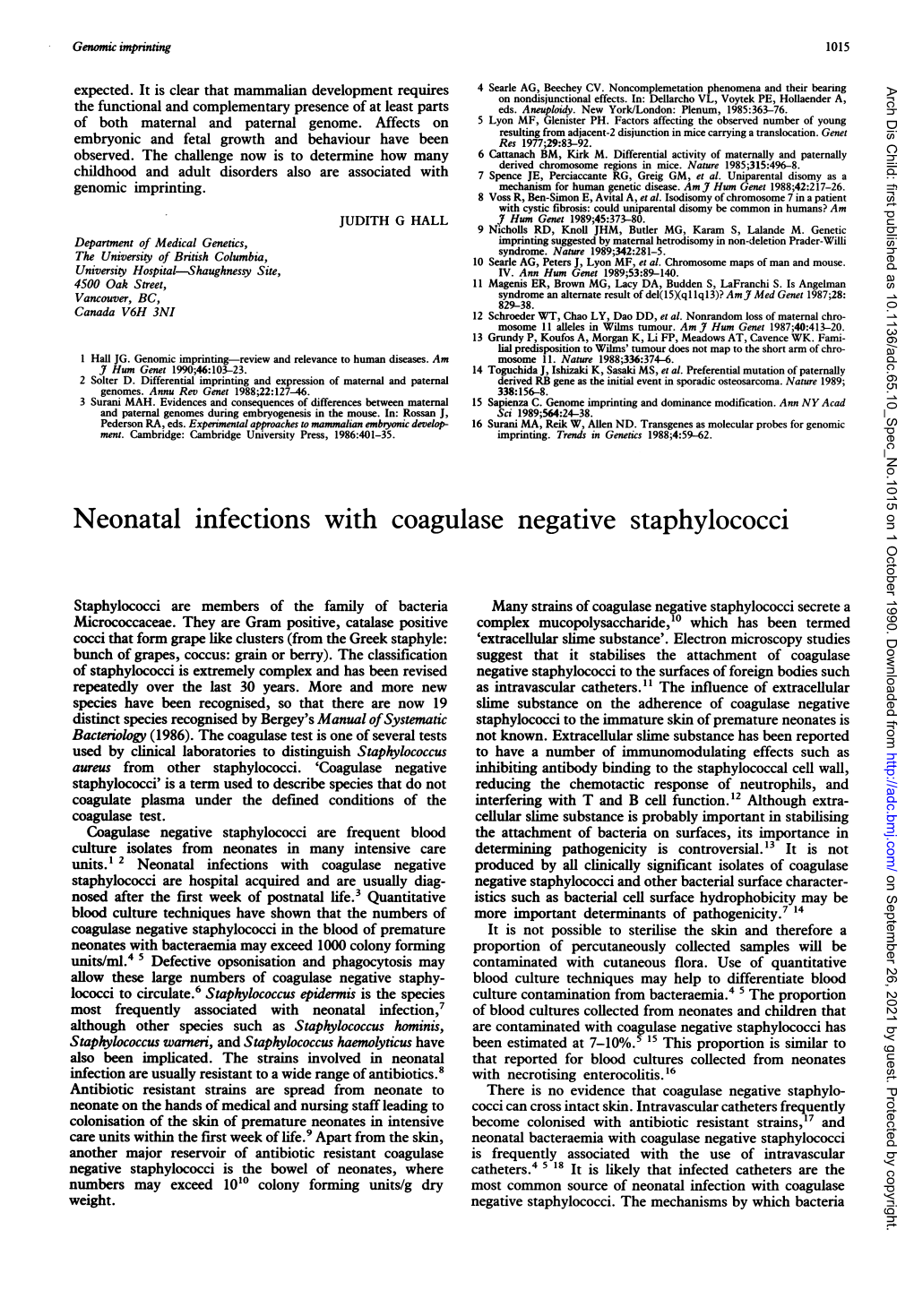 Neonatal Infections with Coagulase Negative Staphylococci
