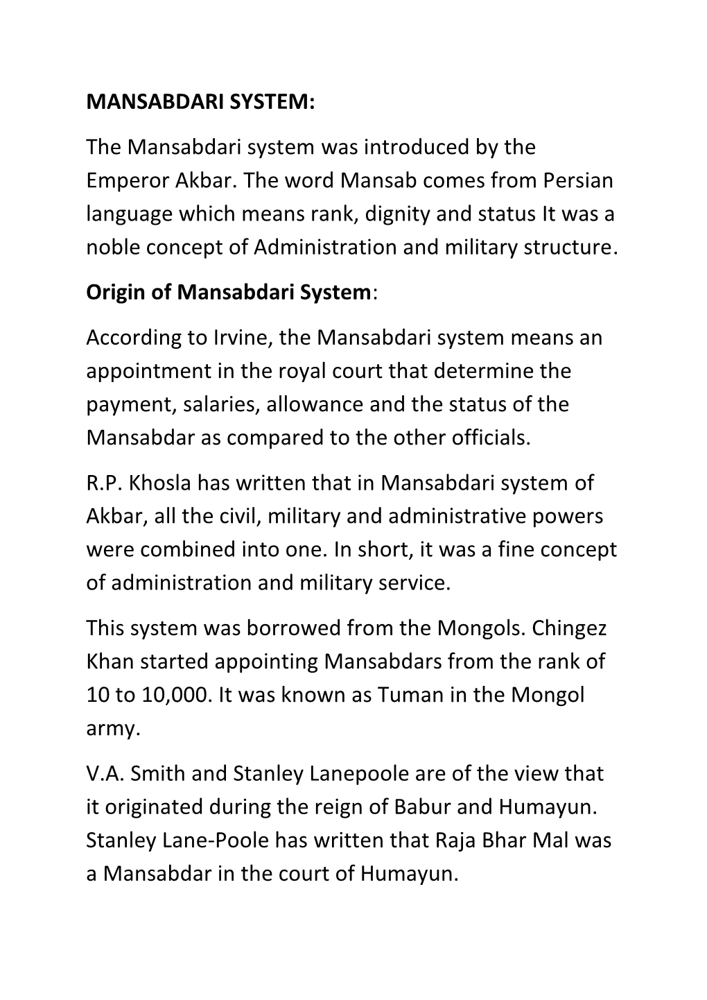 MANSABDARI SYSTEM: the Mansabdari System Was Introduced by the Emperor Akbar