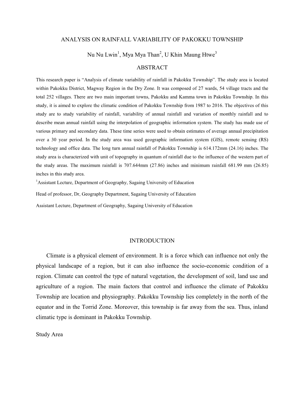 Analysis on Rainfall Variability of Pakokku Township