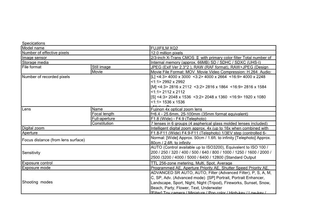 Speci C Ations Model Name FUJIFILM XQ2 Number of Effective Pixels 12.0