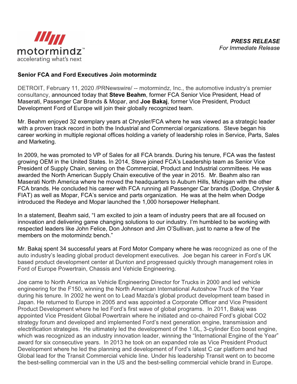 PRESS RELEASE for Immediate Release Senior FCA and Ford